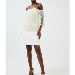NWT Karen Millen Off Shoulder Structured Crepe Fringe Bardot Dress in White